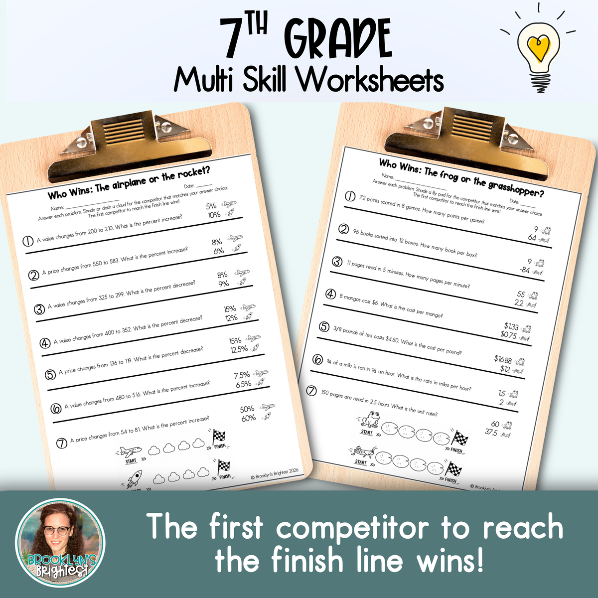 7th Grade Multi Skill Worksheets | No prep printables | Who Wins