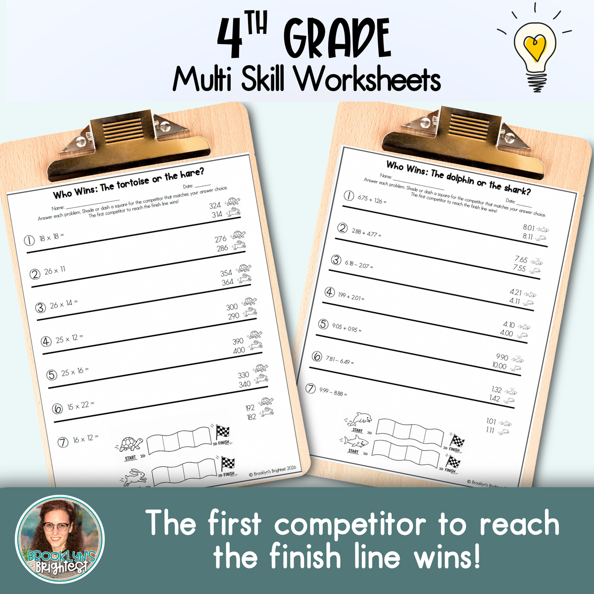 4th Grade Multi Skill Worksheets | No prep printables | Who Wins