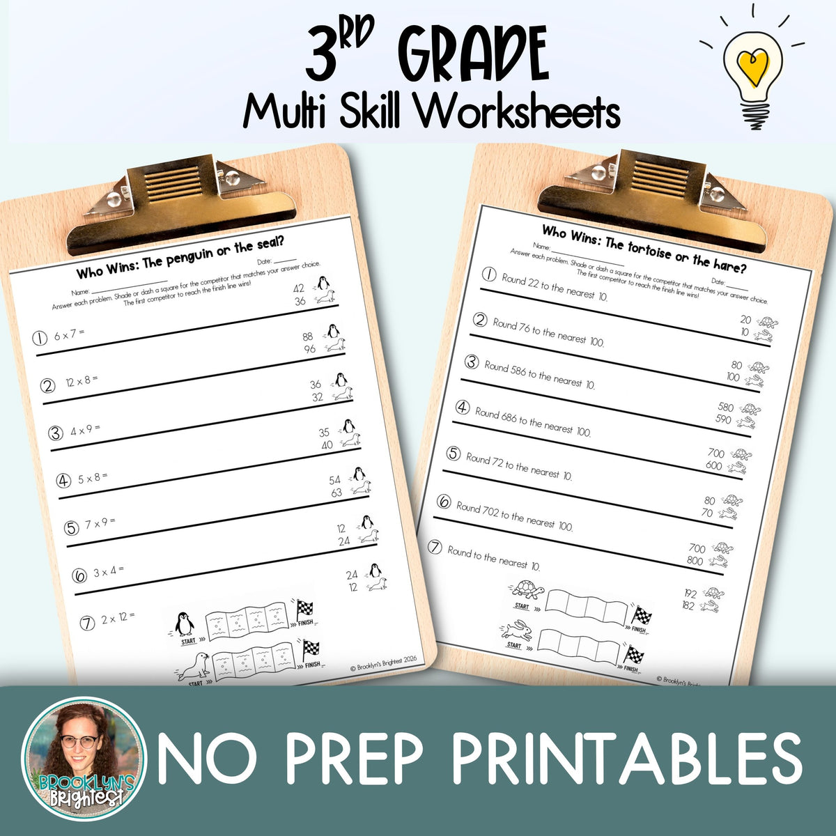 3rd Grade Multi Skill Worksheets | No prep printables | Who Wins