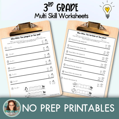 3rd Grade Multi Skill Worksheets | No prep printables | Who Wins