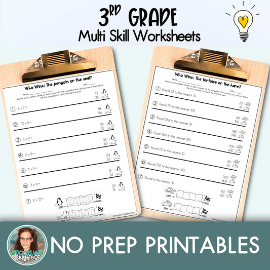 3rd Grade Multi Skill Worksheets | No prep printables | Who Wins