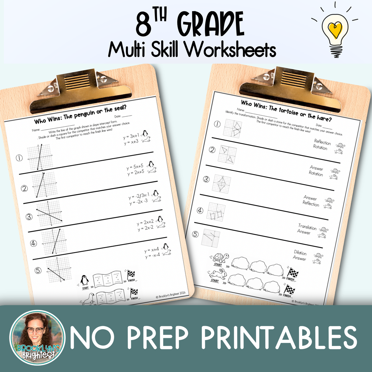 8th Grade Multi Skill Worksheets | No prep printables | Who Wins