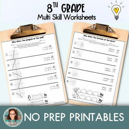 8th Grade Multi Skill Worksheets | No prep printables | Who Wins