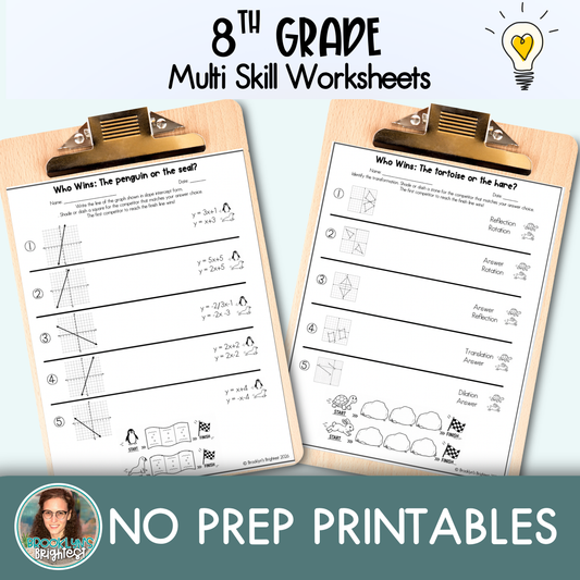 8th Grade Multi Skill Worksheets | No prep printables | Who Wins