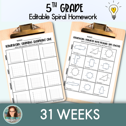 5th Grade Math Spiral Review Homework Editable Entire Year