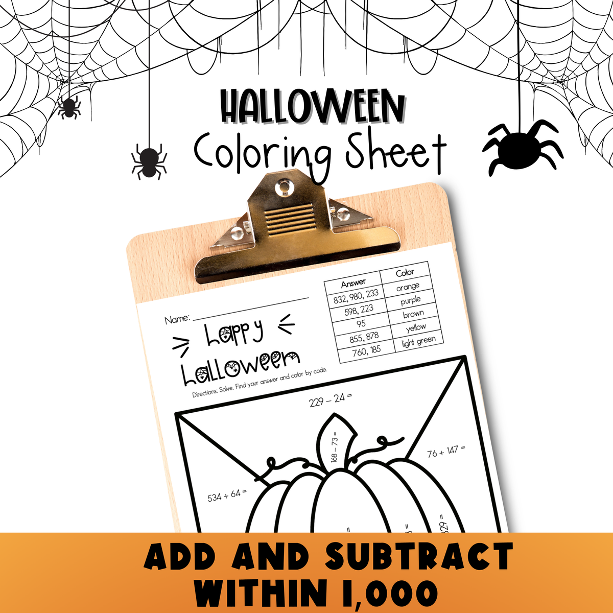 Add and Subtract Within 1,000 Halloween Coloring Sheet