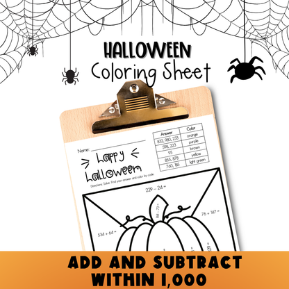 Add and Subtract Within 1,000 Halloween Coloring Sheet