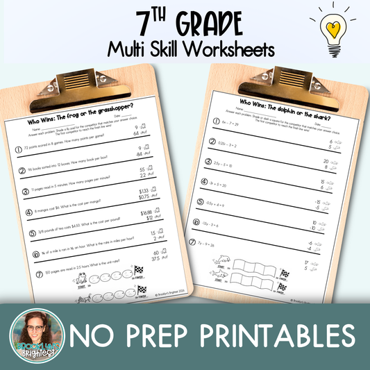 7th Grade Multi Skill Worksheets | No prep printables | Who Wins