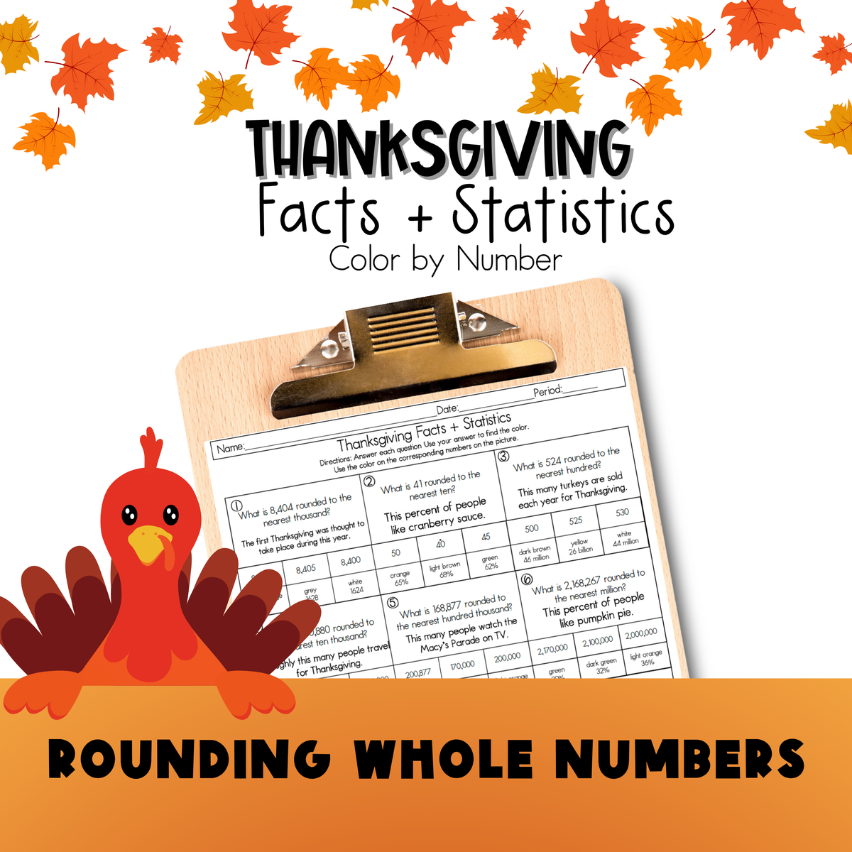 Thanksgiving 4th Grade Facts and Statistics Color by Number Worksheet
