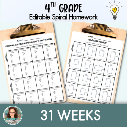 4th Grade Math Spiral Review Homework Editable Entire Year