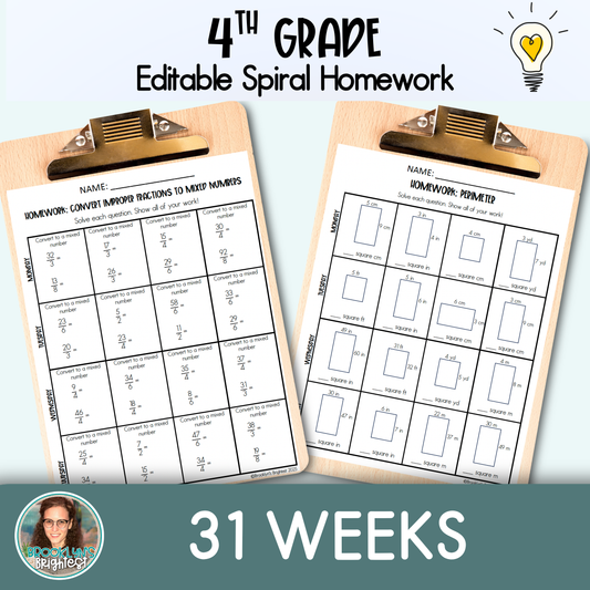 4th Grade Math Spiral Review Homework Editable Entire Year