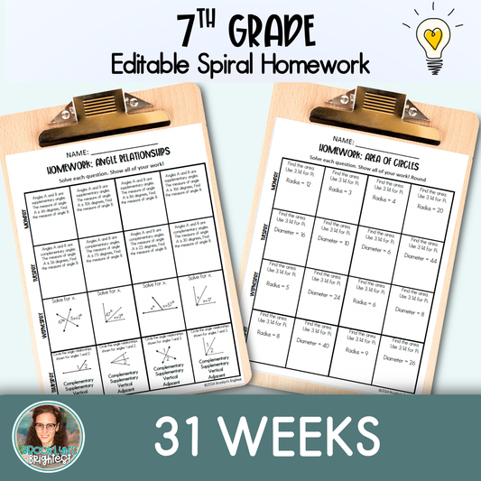 7th Grade Math Spiral Review Homework Editable Entire Year