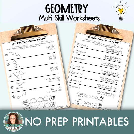 Geometry Multi Skill Worksheets | No prep printables | Who Wins