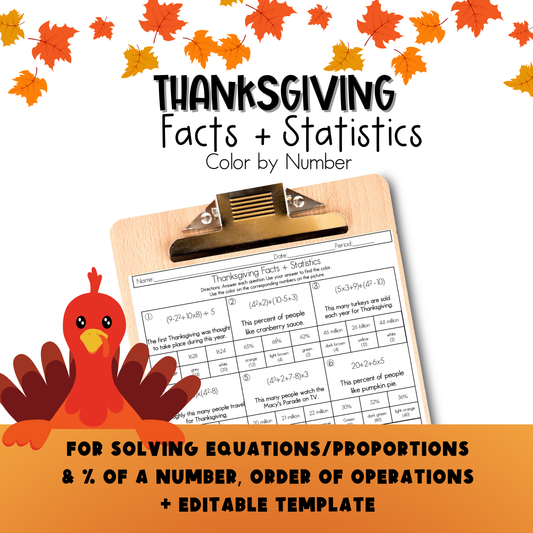 Thanksgiving Middle School Math Facts and Statistics Color by Number Worksheet