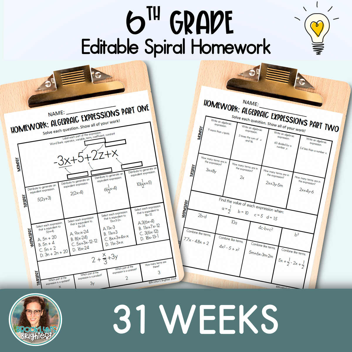 6th Grade Math Spiral Review Homework Editable Entire Year