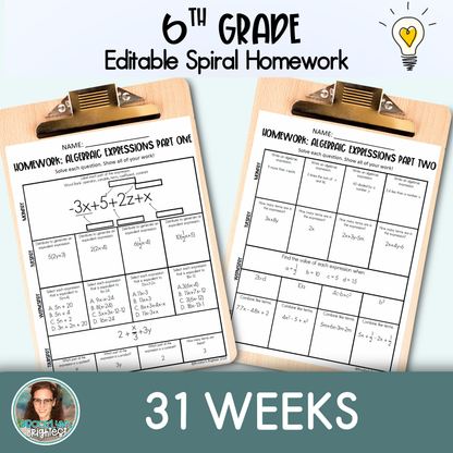 6th Grade Math Spiral Review Homework Editable Entire Year