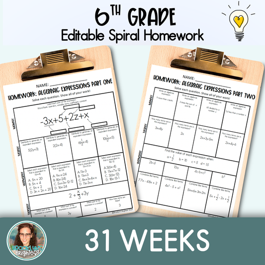 6th Grade Math Spiral Review Homework Editable Entire Year