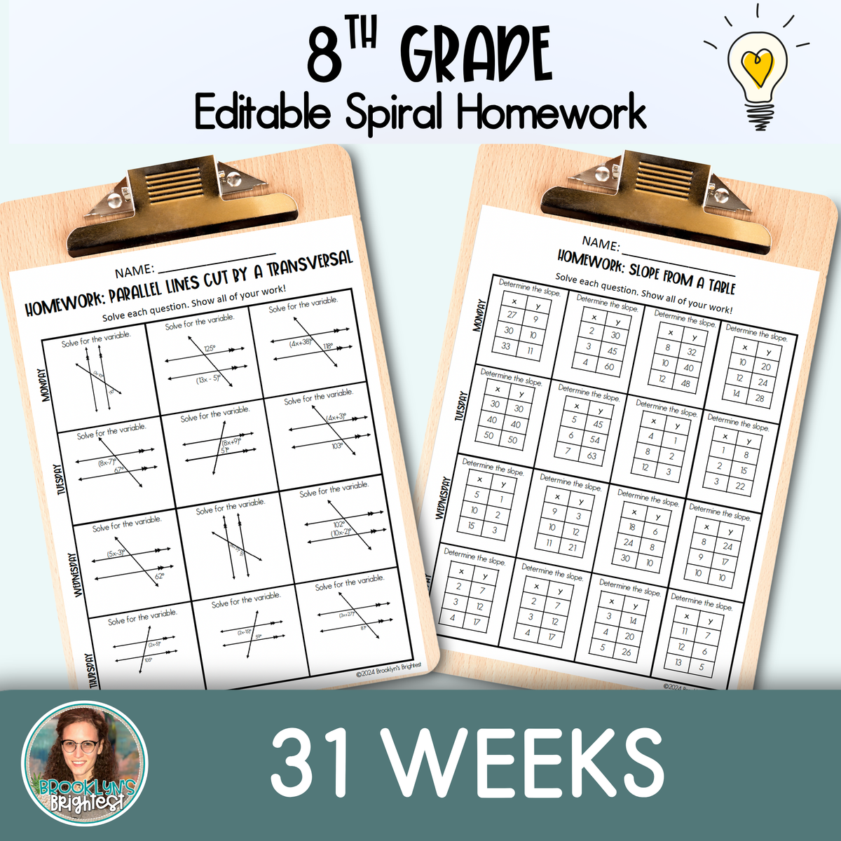 8th Grade Math Spiral Review Homework Editable Entire Year
