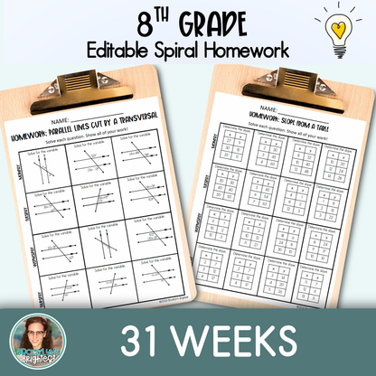 8th Grade Math Spiral Review Homework Editable Entire Year