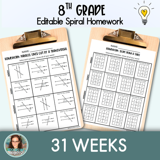 8th Grade Math Spiral Review Homework Editable Entire Year
