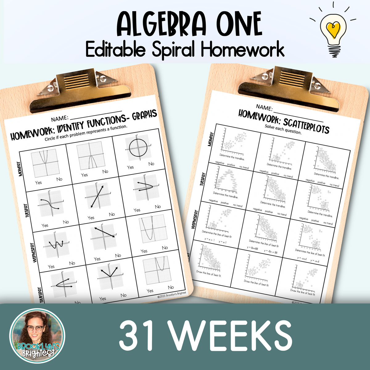 Algebra One Math Spiral Review Homework Editable Entire Year