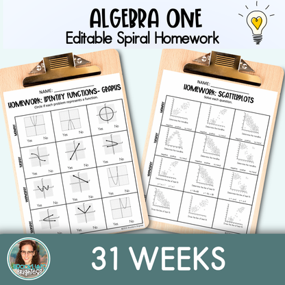 Algebra One Math Spiral Review Homework Editable Entire Year