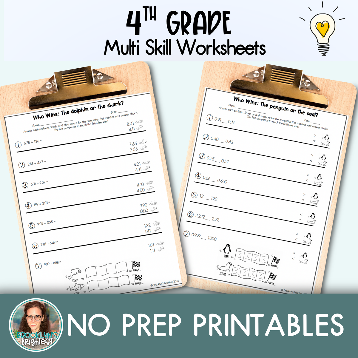 4th Grade Multi Skill Worksheets | No prep printables | Who Wins