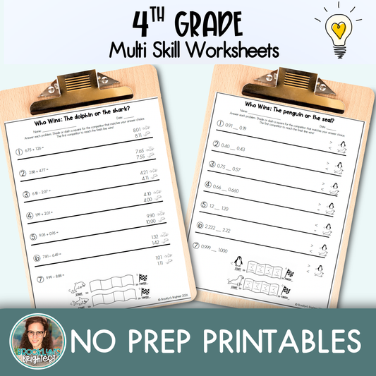 4th Grade Multi Skill Worksheets | No prep printables | Who Wins
