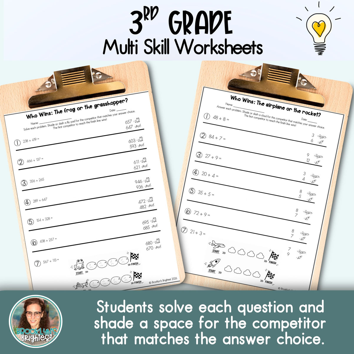 3rd Grade Multi Skill Worksheets | No prep printables | Who Wins
