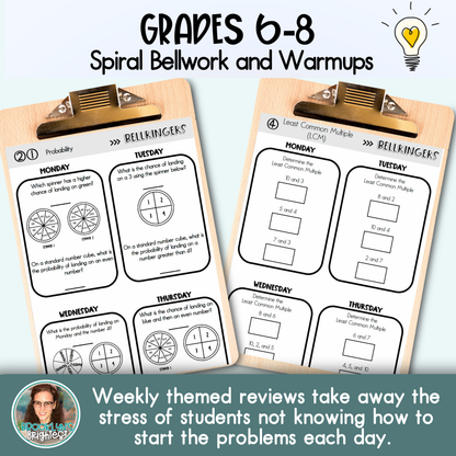 Middle School Math Spiral Review Bellringers, Warmups, and Bellwork