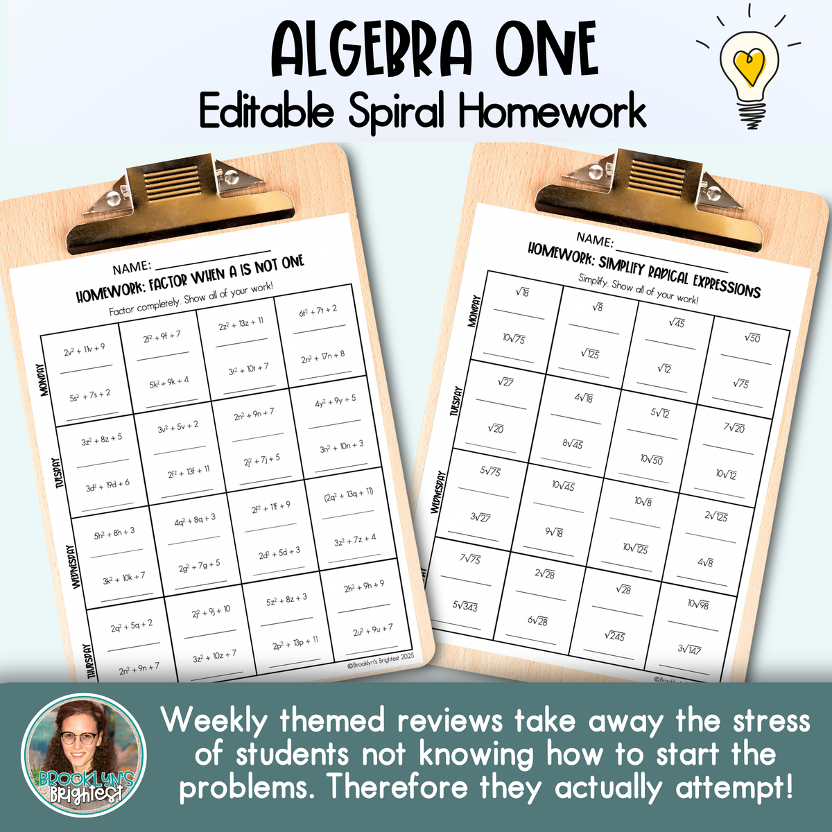 Algebra One Math Spiral Review Homework Editable Entire Year