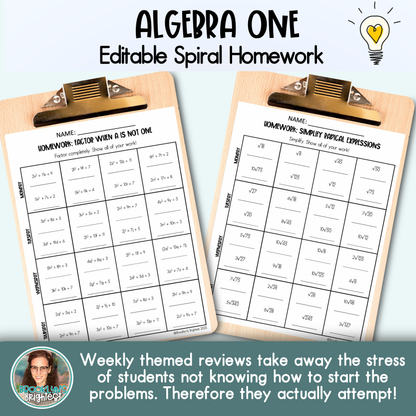 Algebra One Math Spiral Review Homework Editable Entire Year
