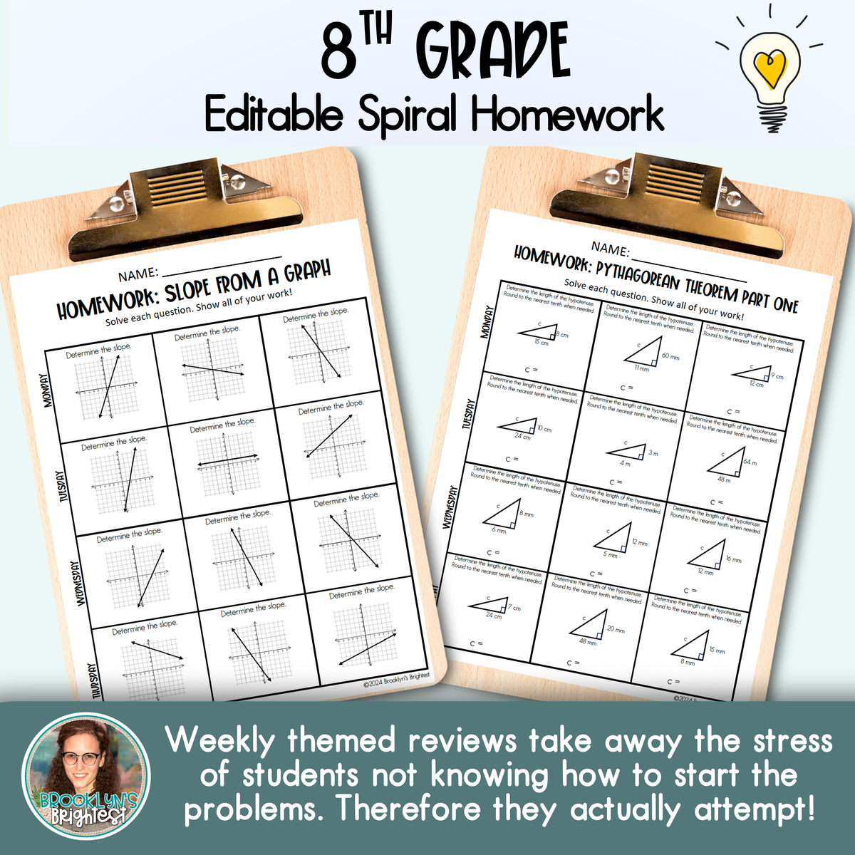 8th Grade Math Spiral Review Homework Editable Entire Year