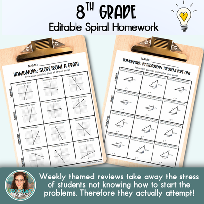 8th Grade Math Spiral Review Homework Editable Entire Year