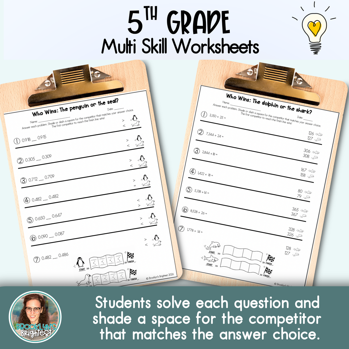 5th Grade Multi Skill Worksheets | No prep printables | Who Wins