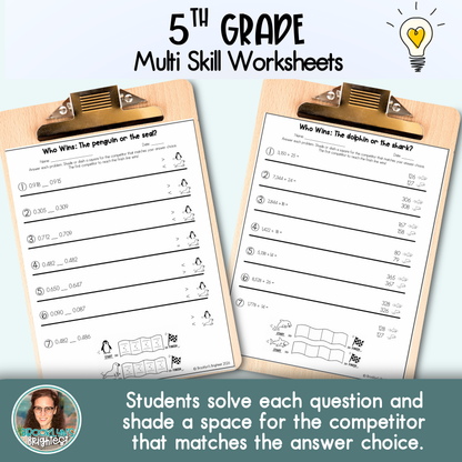 5th Grade Multi Skill Worksheets | No prep printables | Who Wins