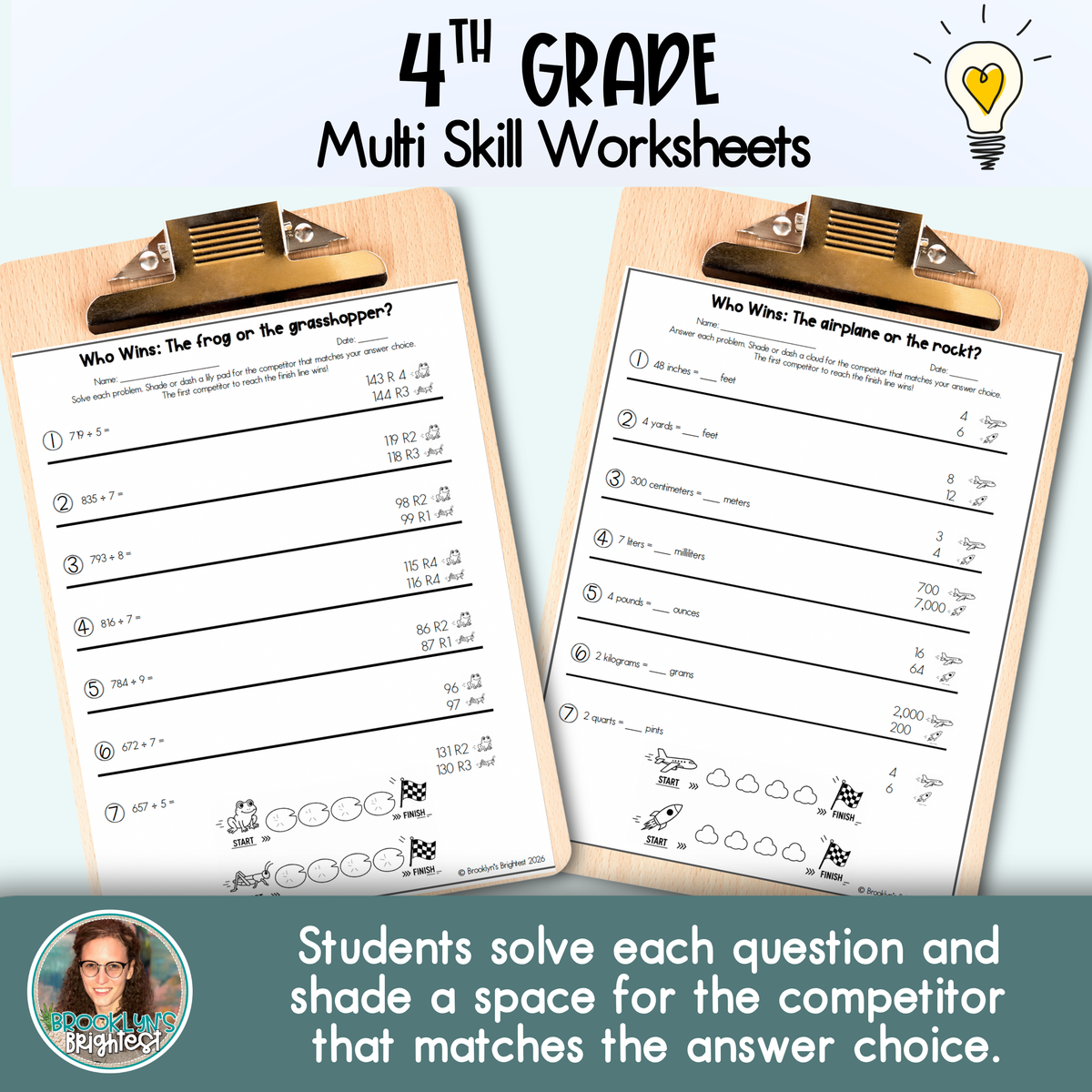 4th Grade Multi Skill Worksheets | No prep printables | Who Wins