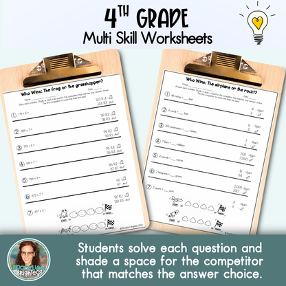 4th Grade Multi Skill Worksheets | No prep printables | Who Wins
