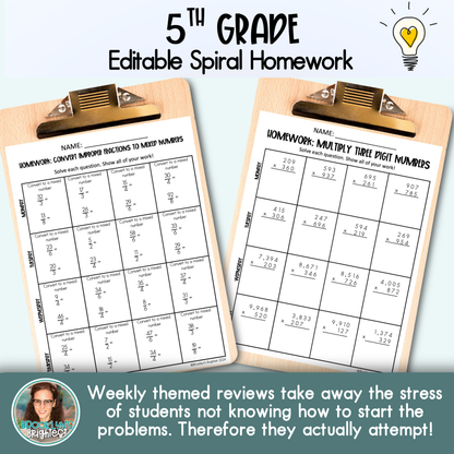 5th Grade Math Spiral Review Homework Editable Entire Year