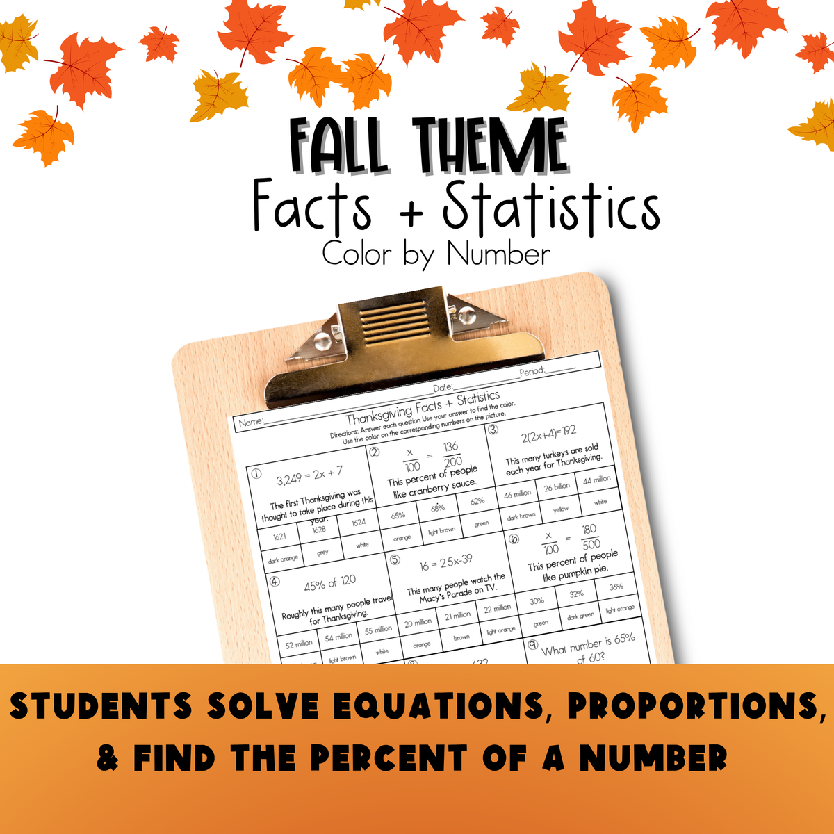 Thanksgiving Middle School Math Facts and Statistics Color by Number Worksheet