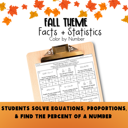 Thanksgiving Middle School Math Facts and Statistics Color by Number Worksheet