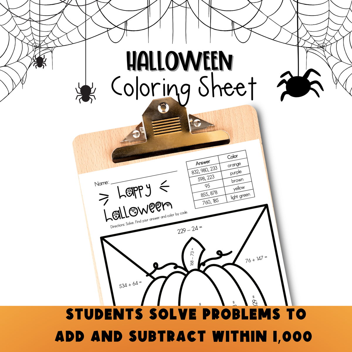 Add and Subtract Within 1,000 Halloween Coloring Sheet