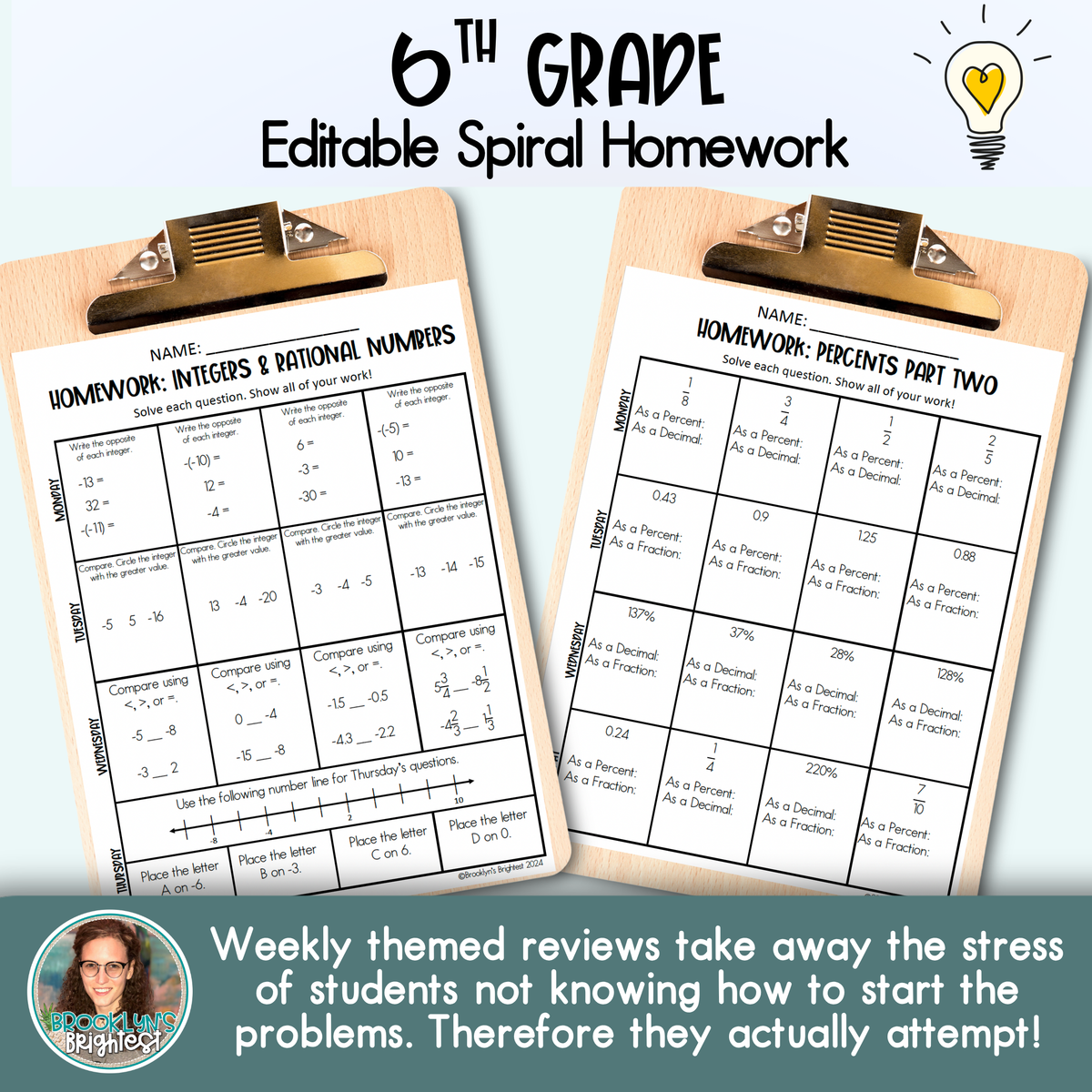6th Grade Math Spiral Review Homework Editable Entire Year