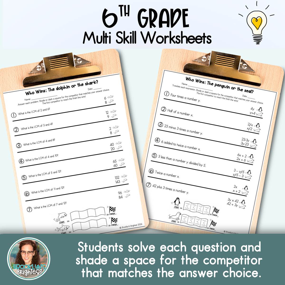 6th Grade Multi Skill Worksheets | No prep printables | Who Wins