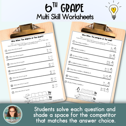 6th Grade Multi Skill Worksheets | No prep printables | Who Wins