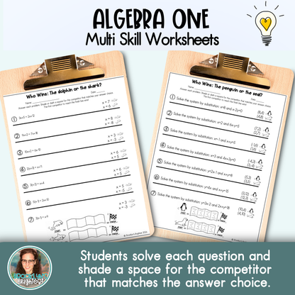 Algebra One Multi Skill Worksheets | No prep printables | Who Wins