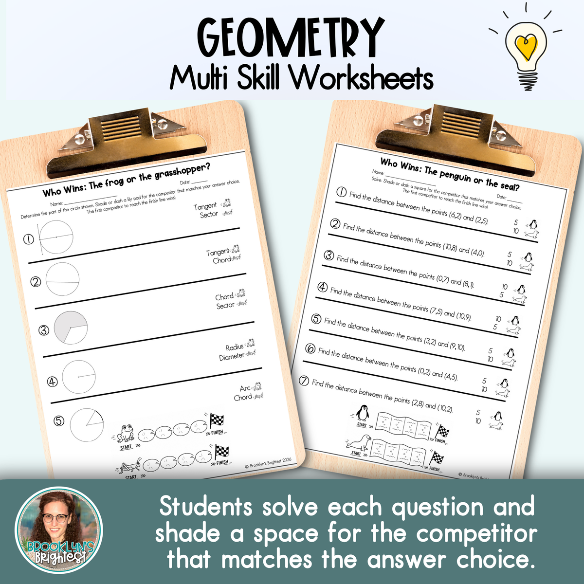 Geometry Multi Skill Worksheets | No prep printables | Who Wins