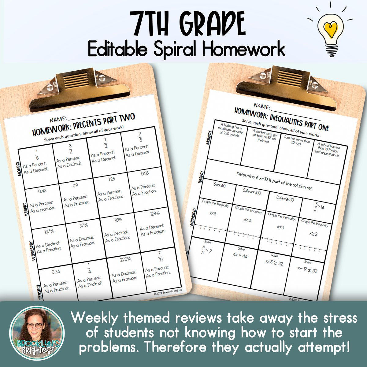 7th Grade Math Spiral Review Homework Editable Entire Year