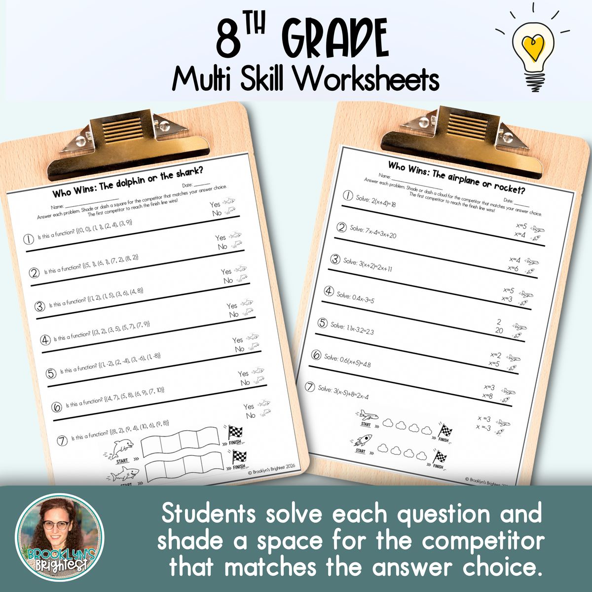8th Grade Multi Skill Worksheets | No prep printables | Who Wins