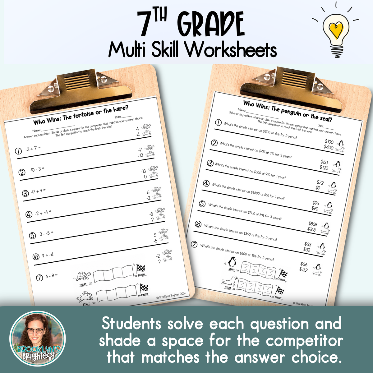 7th Grade Multi Skill Worksheets | No prep printables | Who Wins